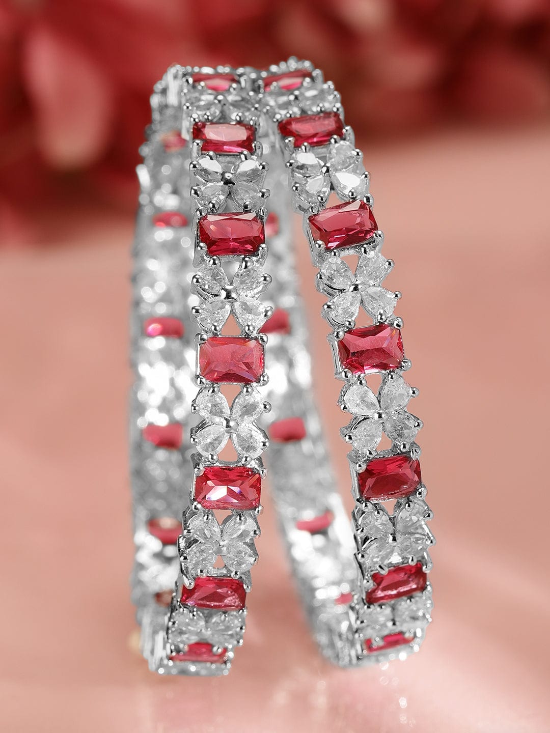 Rubans Set of 2 Rhodium-Plated Ruby Pink & White Cubic Zirconia Studded Floral Bangles