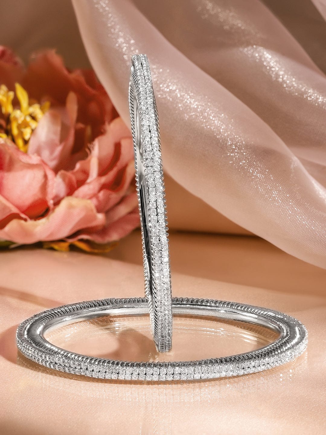 Rubans Set of 2, Rhodium-Plated Sparkling Cubic Zirconia Studded Premium Bangles