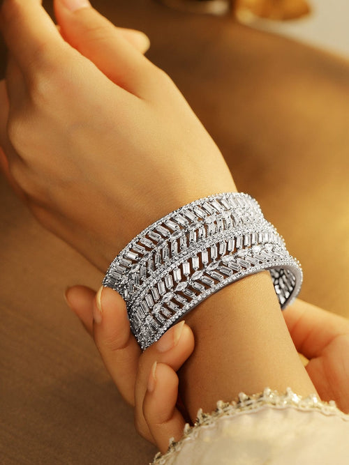 Rubans Set of 2 Rhodium-Plated White Cubic Zirconia Studded Leaf Design Premium Bangles
