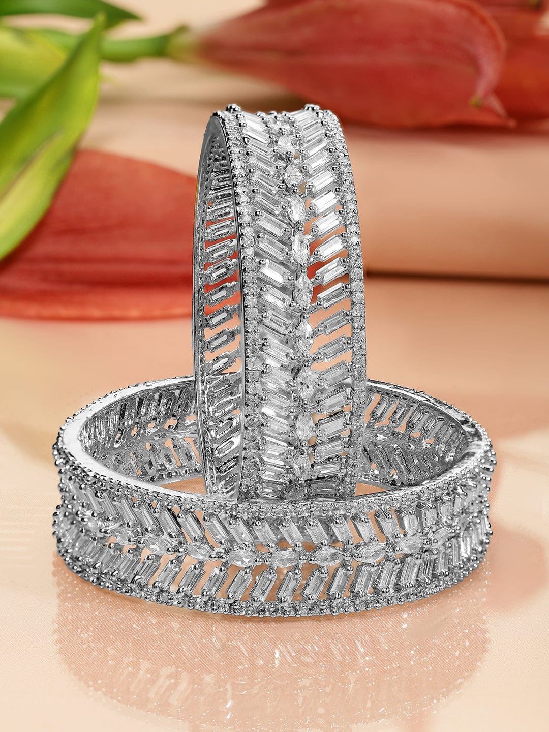 Rubans Set of 2 Rhodium-Plated White Cubic Zirconia Studded Leaf Design Premium Bangles