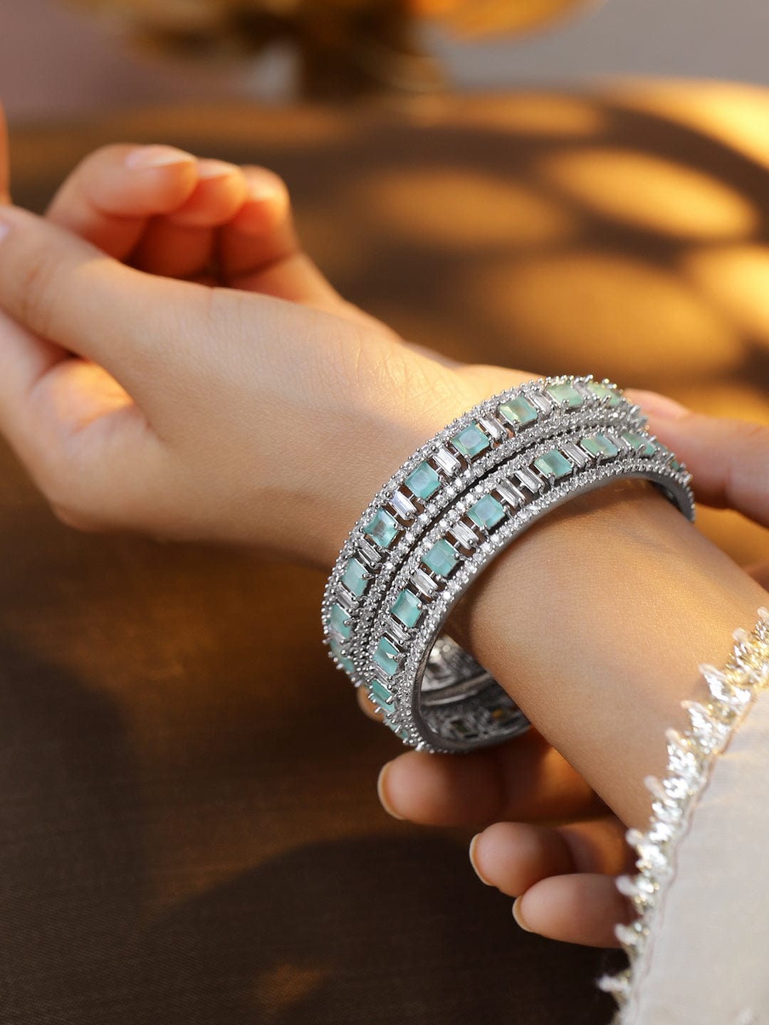 Rubans Set of 2 Silver-Plated Mint Green & White Cubic Zirconia Studded Premium Bangles