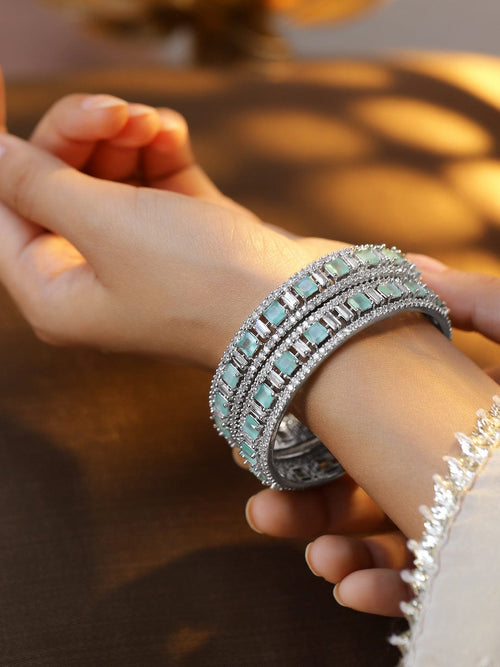 Rubans Set of 2 Silver-Plated Mint Green & White Cubic Zirconia Studded Premium Bangles