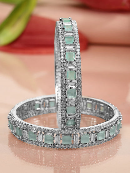 Rubans Set of 2 Silver-Plated Mint Green & White Cubic Zirconia Studded Premium Bangles