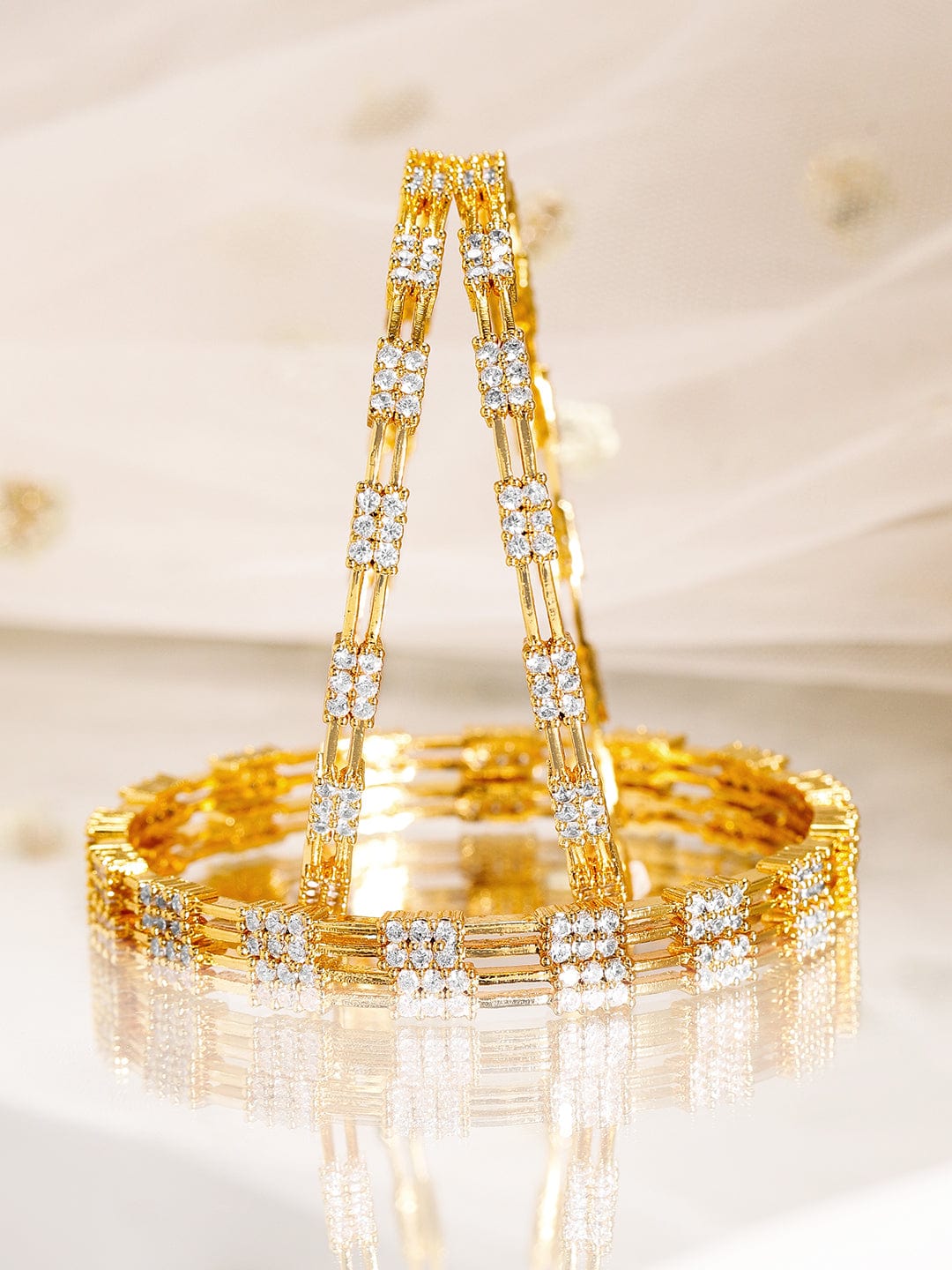 Rubans Set of 4, 22K Gold-Plated & Cubic Zirconia Studded Handcrafted Bangles