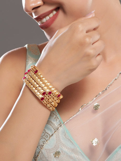 Rubans Set of 4, 22K Gold-Plated Ruby Pink Stone Studded Filigree Traditional Bangles