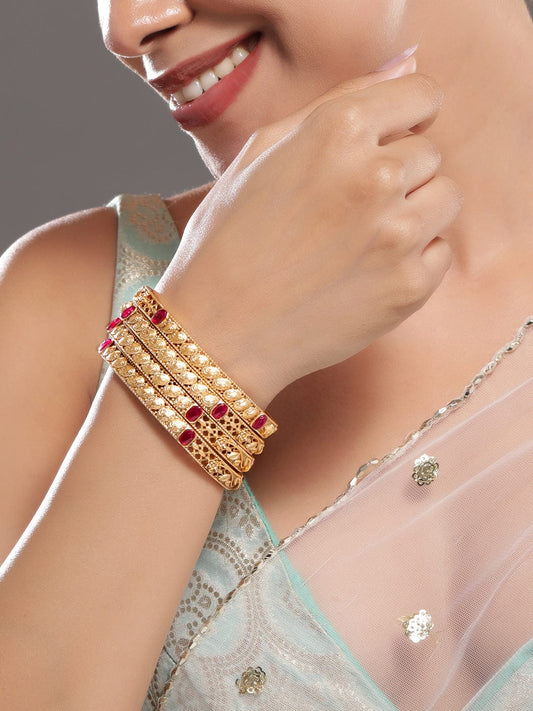 Rubans Set of 4, 22K Gold-Plated Ruby Pink Stone Studded Filigree Traditional Bangles