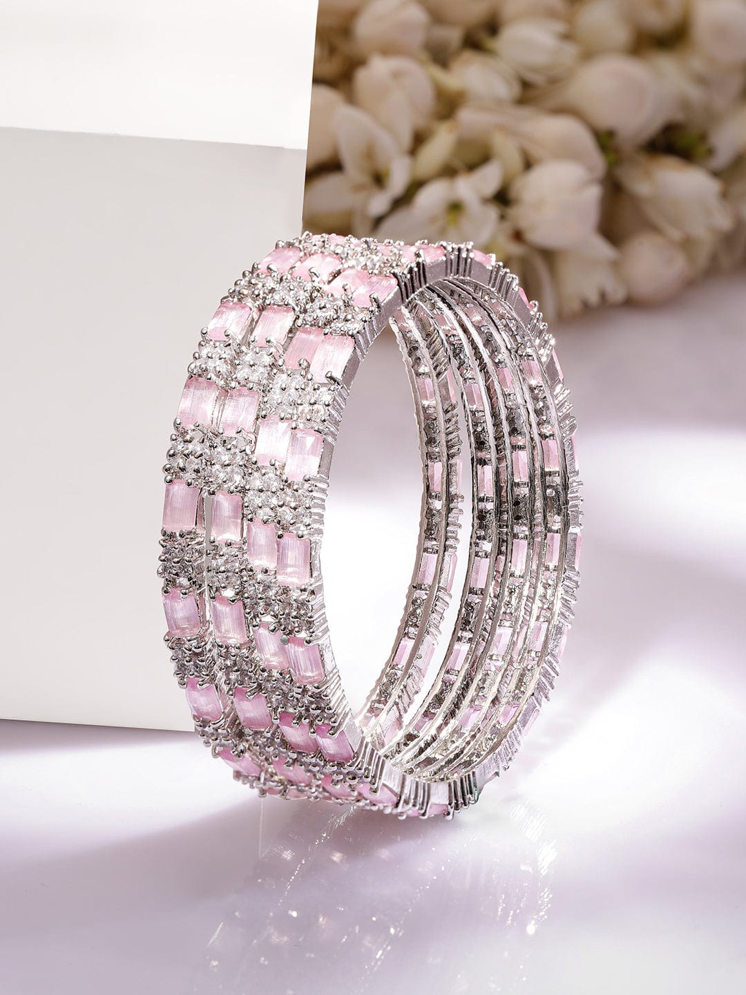Rubans Set of 4 Rhodium Plated Crystal Pink & White Cubic Zirconia Studded Premium Bangles