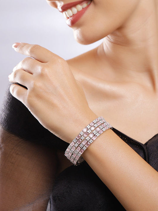 Rubans Set of 4 Rhodium Plated Crystal Pink & White Cubic Zirconia Studded Premium Bangles