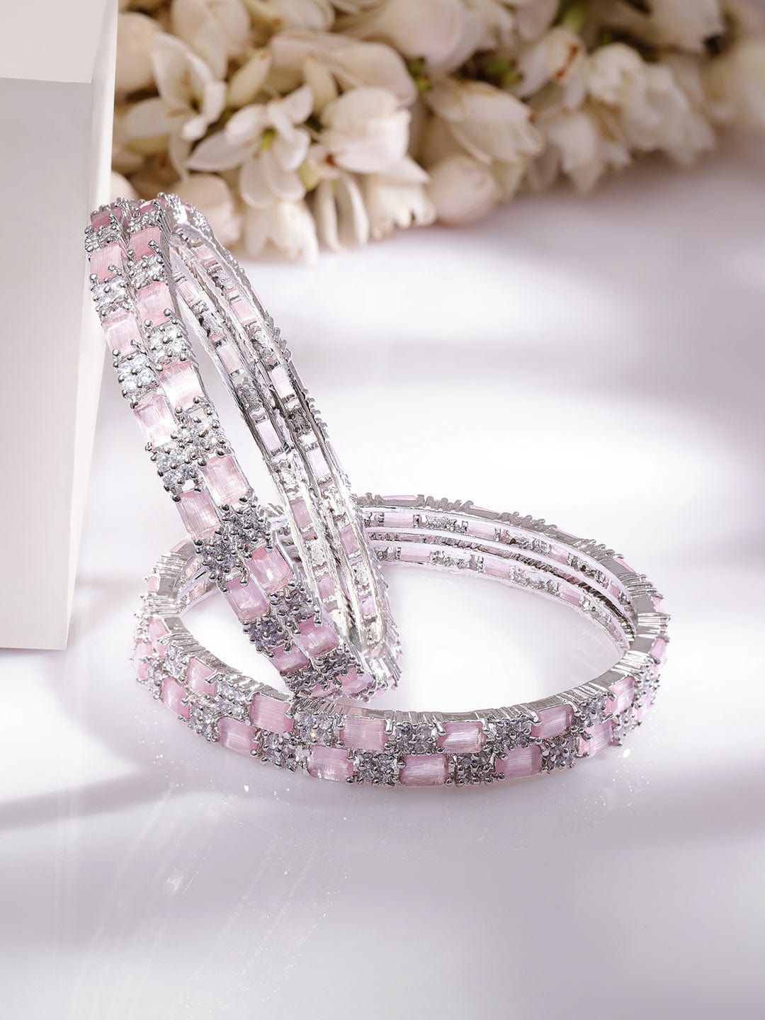 Rubans Set of 4 Rhodium Plated Crystal Pink & White Cubic Zirconia Studded Premium Bangles
