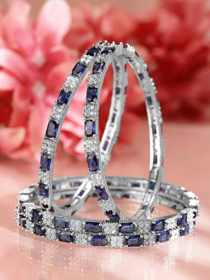 Rubans Set of 4 Rhodium-Plated Blue Sapphire & Cubic Zirconia Studded Premium Bangles