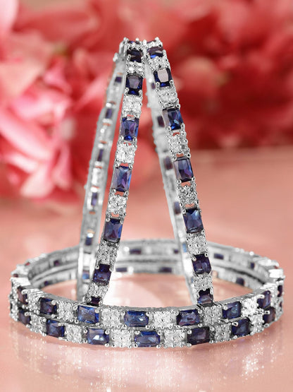 Rubans Set of 4 Rhodium-Plated Blue Sapphire & Cubic Zirconia Studded Premium Bangles