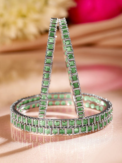 Rubans Set of 4 Rhodium Plated Emerald Green Square-Cut Cubic Zirconia Studded Bangles