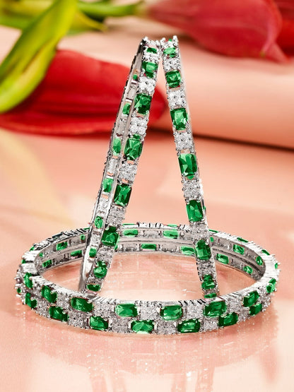 Rubans Set of 4 Rhodium-Plated Emerald Green & White Cubic Zirconia Studded Bangles
