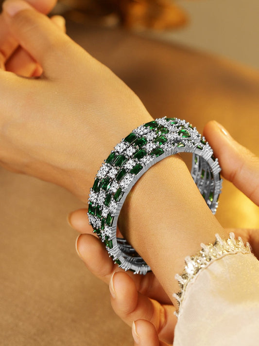 Rubans Set of 4 Rhodium-Plated Emerald Green & White Cubic Zirconia Studded Bangles