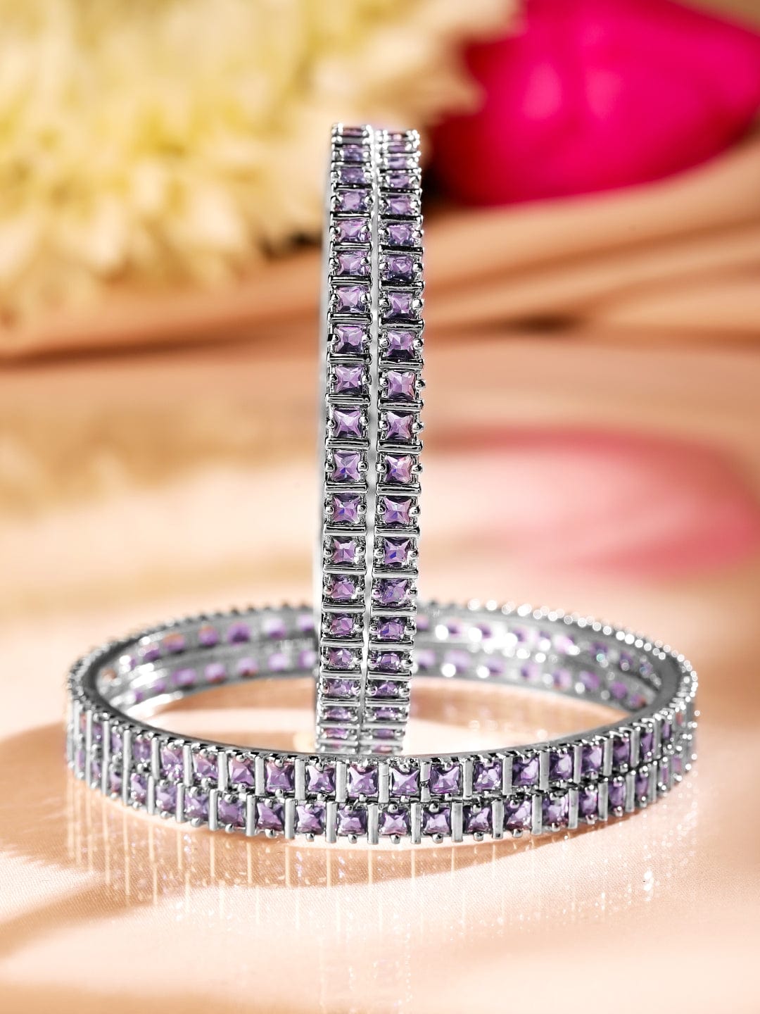 Rubans Set of 4 Rhodium-Plated Lavender Cubic Zirconia Studded Handcrafted Premium Bangles