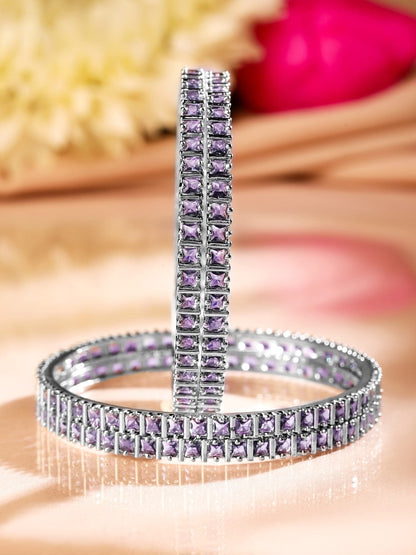 Rubans Set of 4 Rhodium-Plated Lavender Cubic Zirconia Studded Handcrafted Premium Bangles