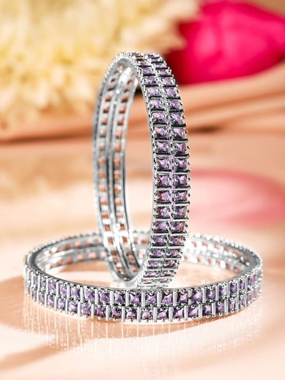 Rubans Set of 4 Rhodium-Plated Lavender Cubic Zirconia Studded Handcrafted Premium Bangles