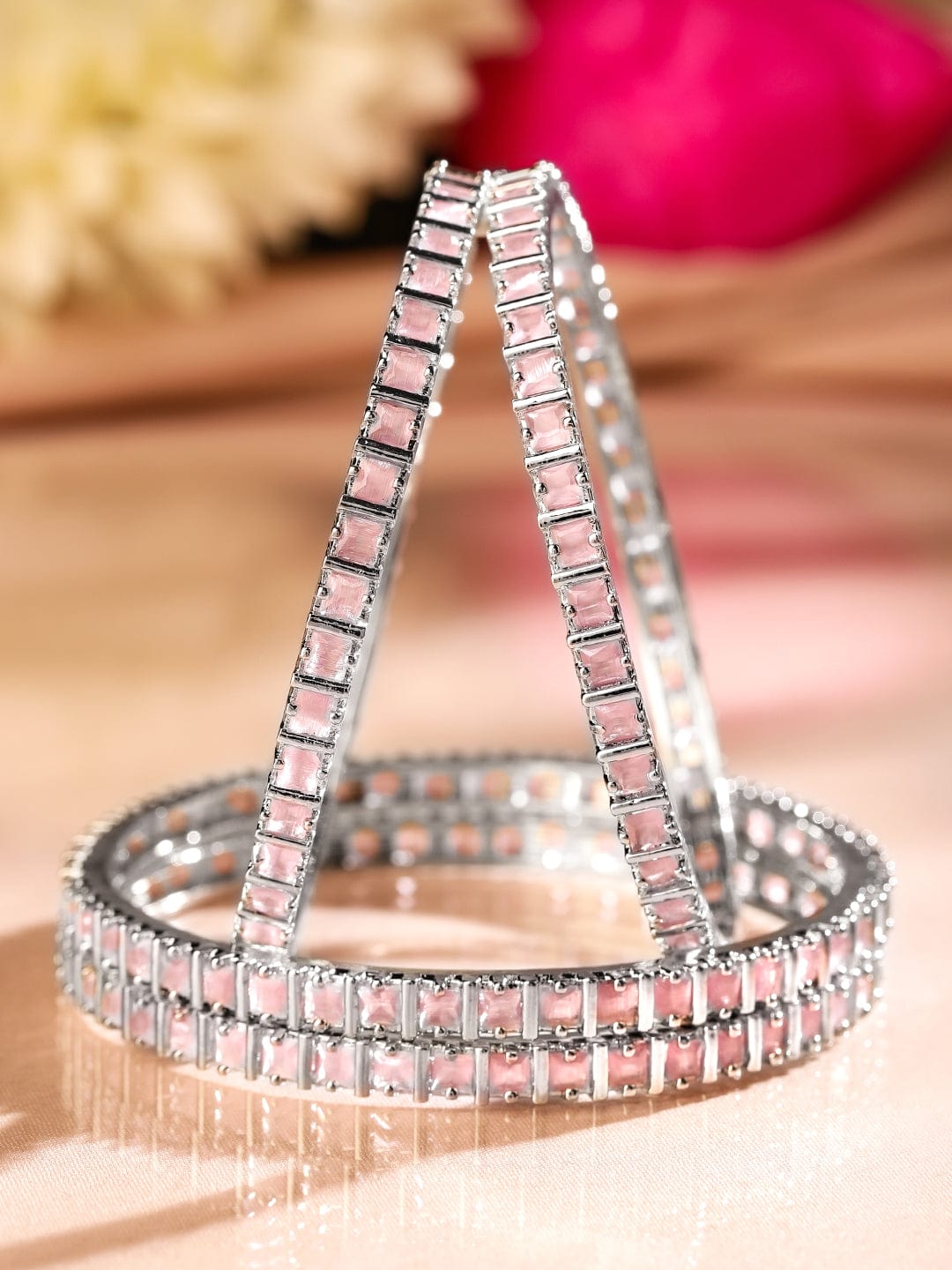 Rubans Set of 4 Rhodium-Plated Pastel Pink Cubic Zirconia Studded Handcrafted Premium Bangles for Women