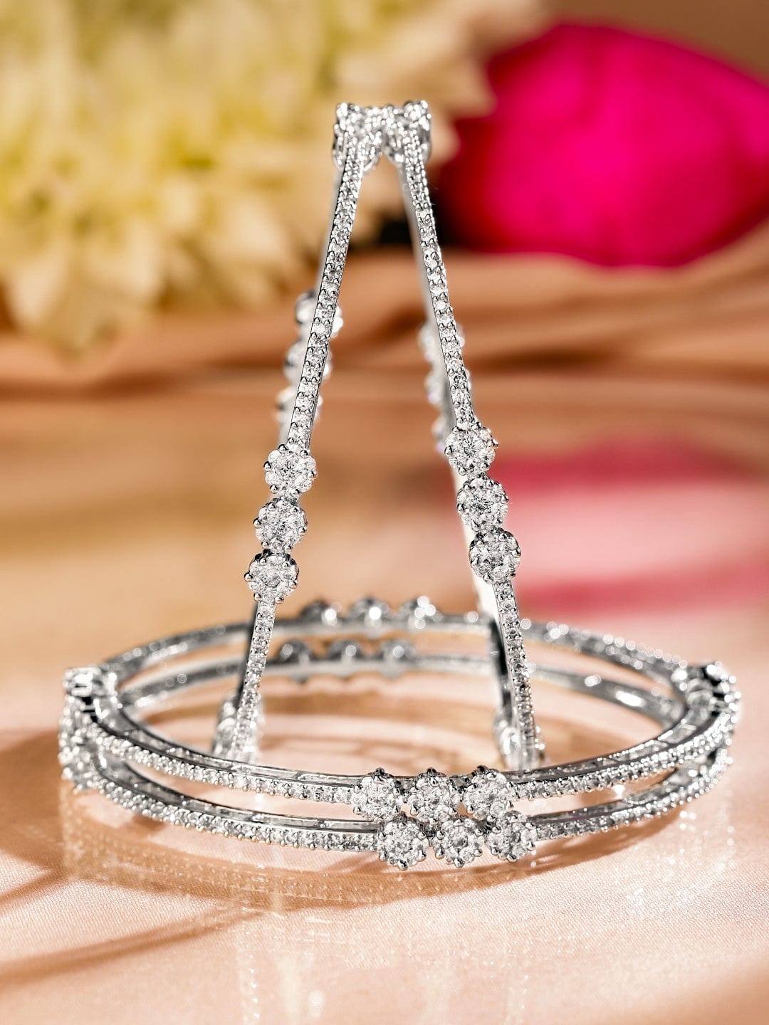Rubans Set of 4 Rhodium-Plated White Cubic Zirconia Floral Design Handcrafted Premium Bangles for Women