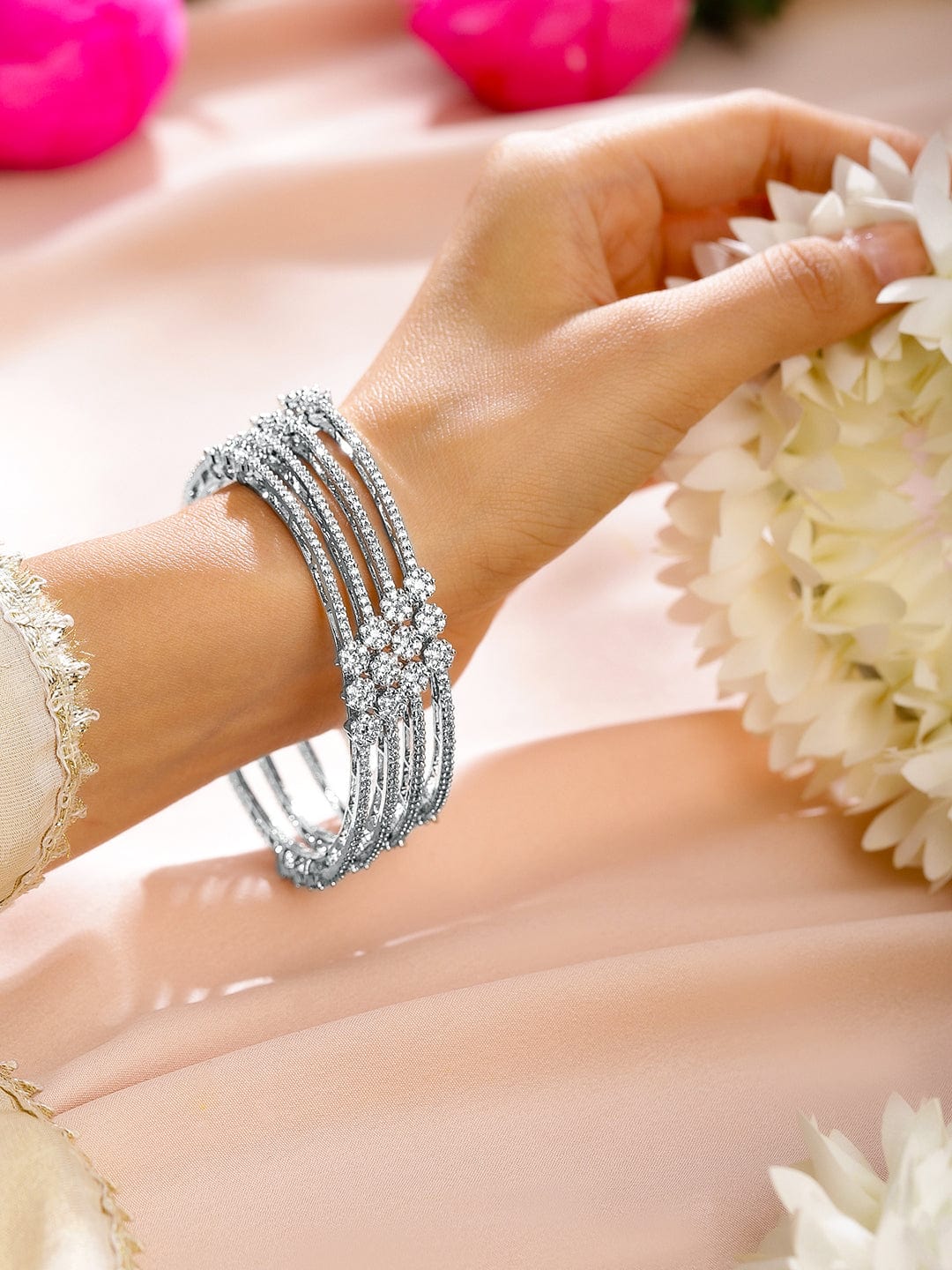 Rubans Set of 4 Rhodium-Plated White Cubic Zirconia Floral Design Handcrafted Premium Bangles for Women