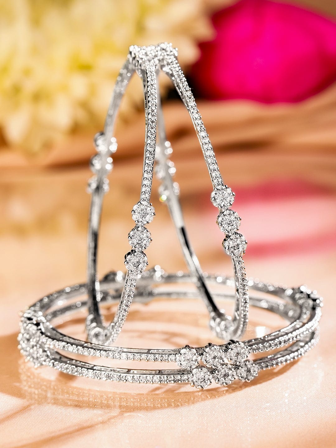Rubans Set of 4 Rhodium-Plated White Cubic Zirconia Floral Design Handcrafted Premium Bangles for Women