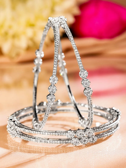 Rubans Set of 4 Rhodium-Plated White Cubic Zirconia Floral Design Handcrafted Premium Bangles for Women