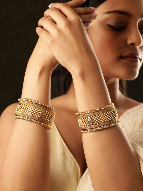 Rubans Set of 6 Gold Plated Pearl & Stone Studded Traditional Handcrafted Bangles