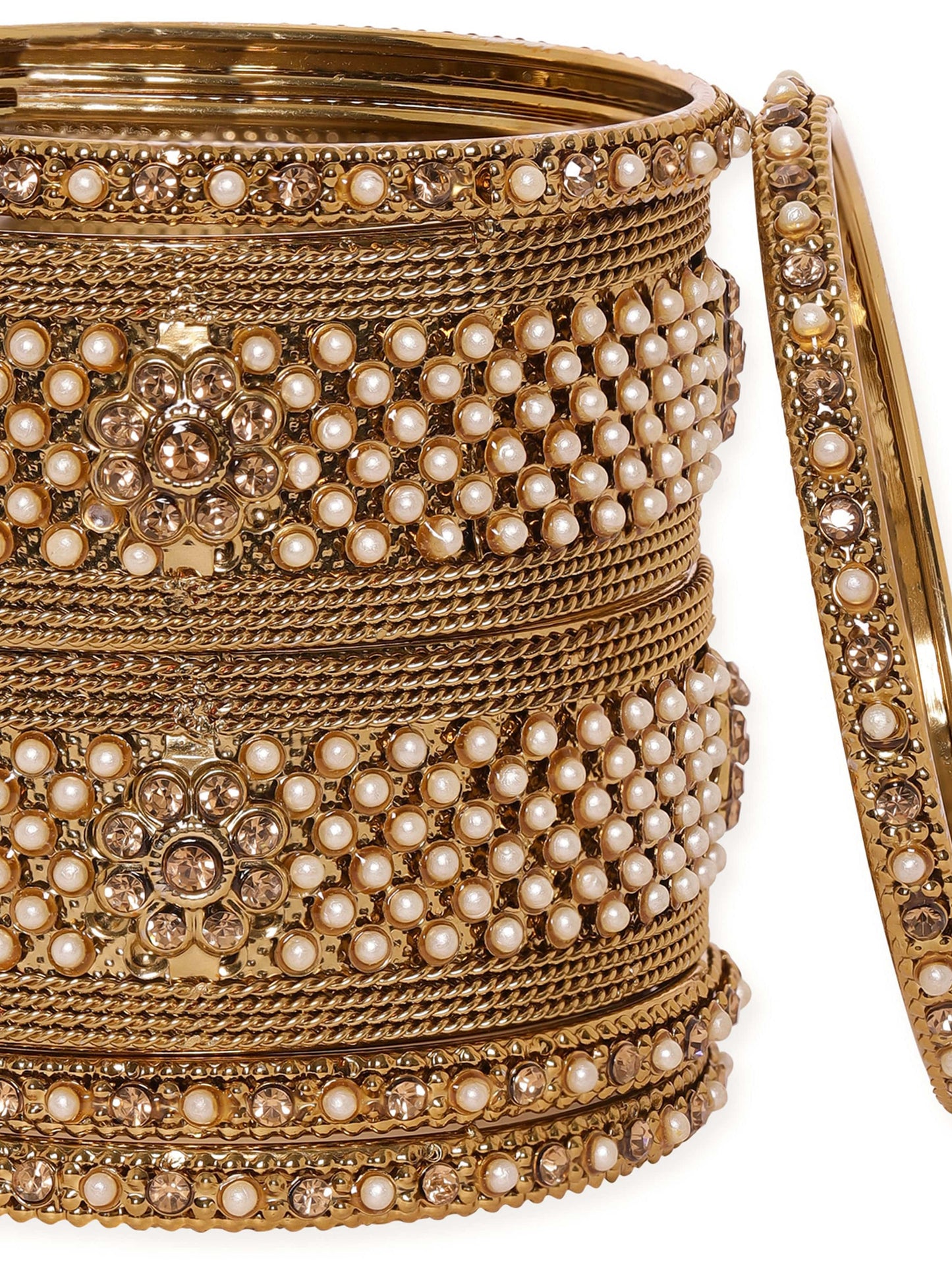 Rubans Set of 6 Gold Plated Pearl & Stone Studded Traditional Handcrafted Bangles