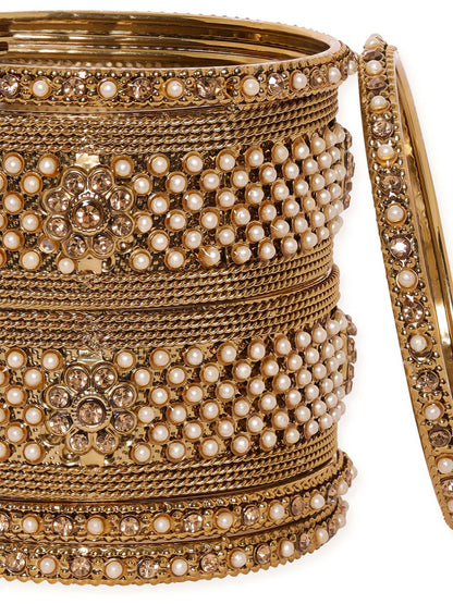 Rubans Set of 6 Gold Plated Pearl & Stone Studded Traditional Handcrafted Bangles