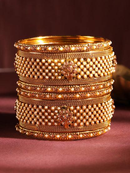 Rubans Set of 6 Gold Plated Pearl & Stone Studded Traditional Handcrafted Bangles