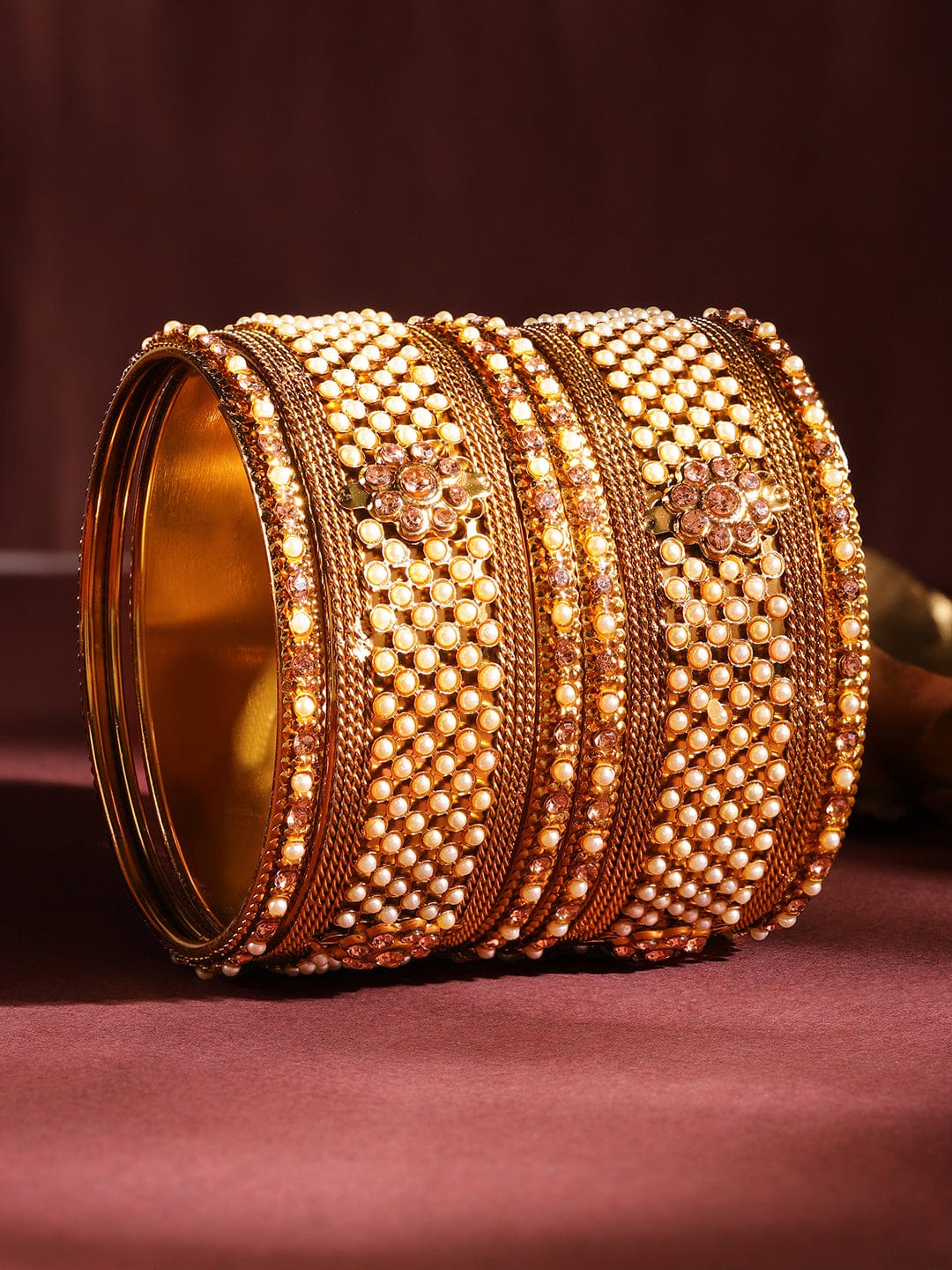 Rubans Set of 6 Gold Plated Pearl & Stone Studded Traditional Handcrafted Bangles