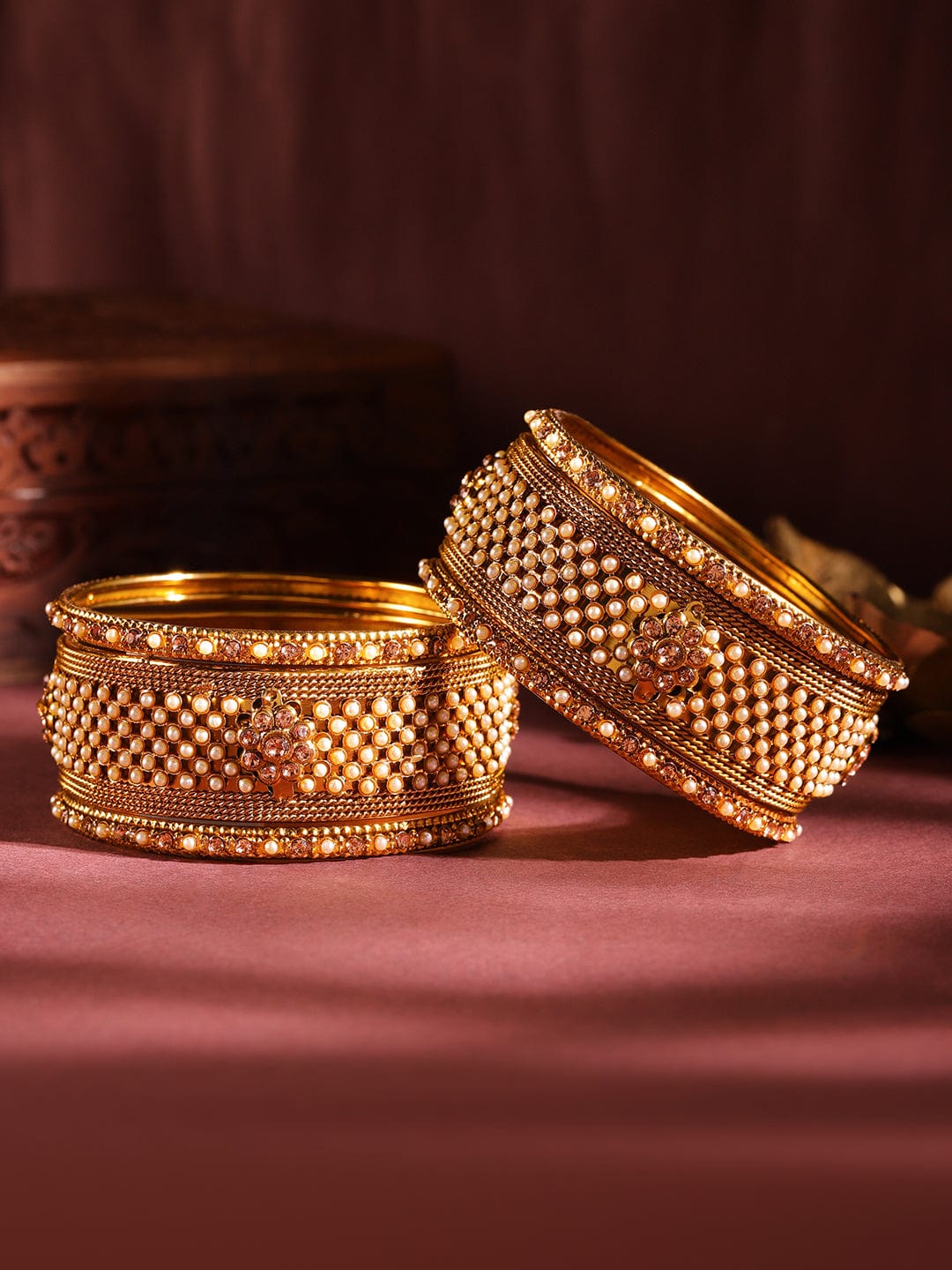 Rubans Set of 6 Gold Plated Pearl & Stone Studded Traditional Handcrafted Bangles