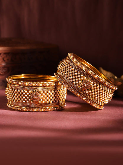 Rubans Set of 6 Gold Plated Pearl & Stone Studded Traditional Handcrafted Bangles