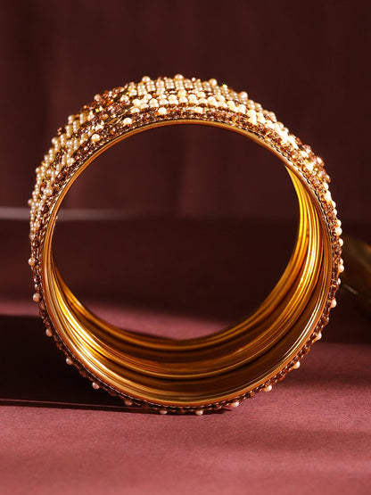 Rubans Set of 6 Gold Plated Pearl & Stone Studded Traditional Handcrafted Bangles