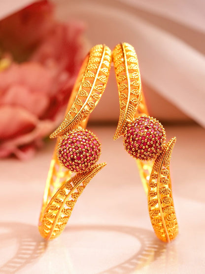 Rubans Set of 2 18K Gold Plated Ruby Studded Geru Polish Finish Traditional Bangles