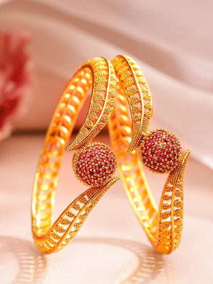 Rubans Set of 2 18K Gold Plated Ruby Studded Geru Polish Finish Traditional Bangles