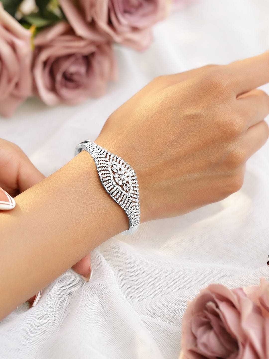 Rubans Women Brass Cubic Zirconia Handcrafted Gold-Plated Cuff Bracelet