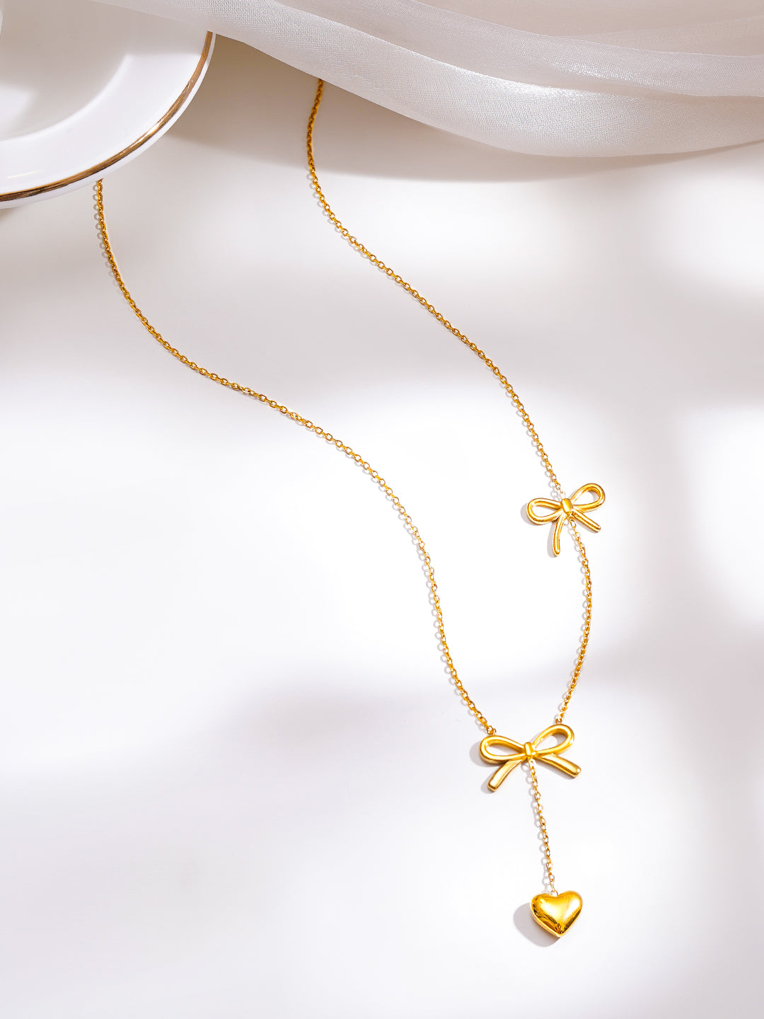 Demi Fine 18K Gold Plated Stainless Steel Double Bow Heart Drop Necklace