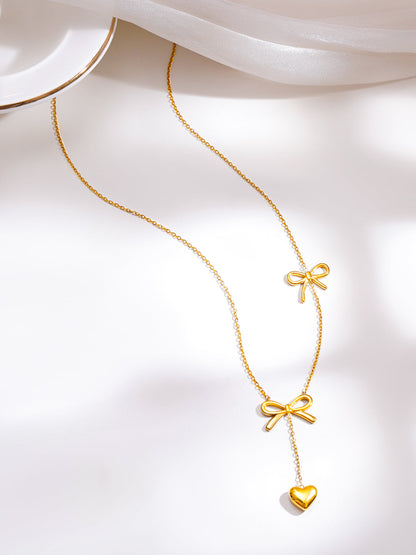 Demi Fine 18K Gold Plated Stainless Steel Double Bow Heart Drop Necklace