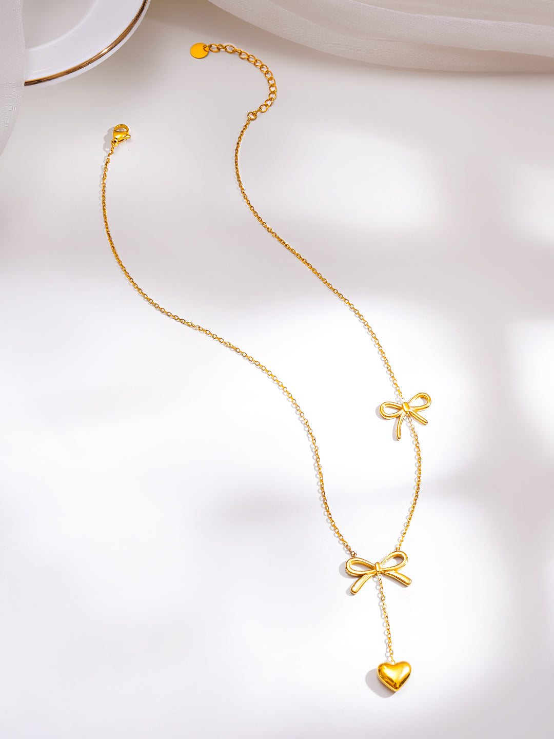 Demi Fine 18K Gold Plated Stainless Steel Double Bow Heart Drop Necklace