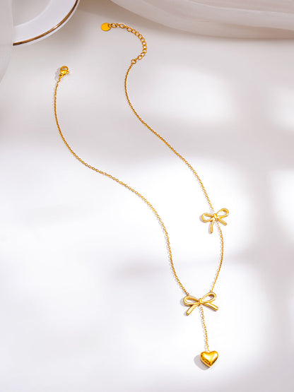 Demi Fine 18K Gold Plated Stainless Steel Double Bow Heart Drop Necklace