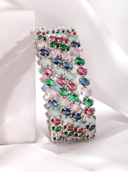 Set of 4 Rhodium-Plated Multicolor Gemstone Studded Traditional Bangles