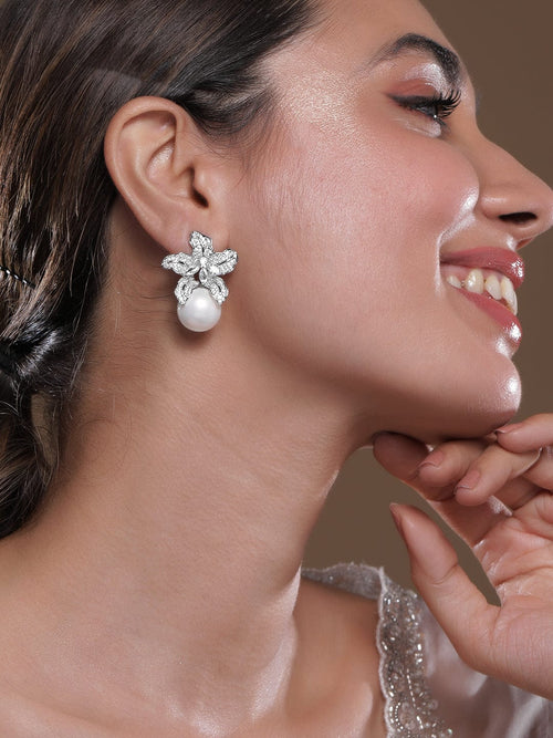 Crystal Bloom Pearl Drop Earrings