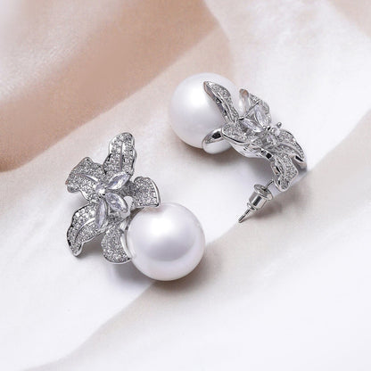 Crystal Bloom Pearl Drop Earrings