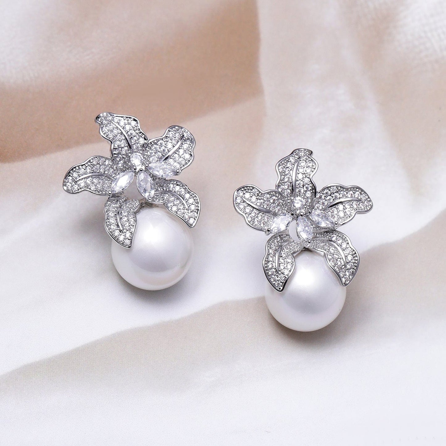 Crystal Bloom Pearl Drop Earrings