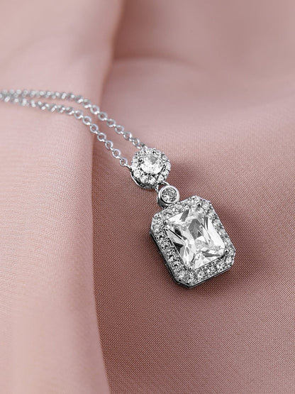 Voguish Rhodium Plated Sparkling AD & Cubic Zirconia Studded Rectangle Pendant Necklace